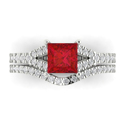 3.4 cttw Princess Cut Simulated Ruby Bridal Set - Solid White Gold Engagement Ring & Wedding Band