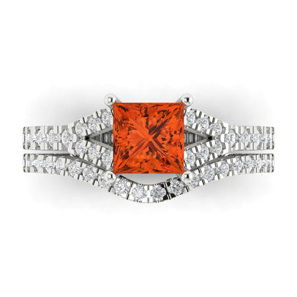 3.4 cttw Princess Cut Simulated Red Diamond Bridal Set - Solid White Gold Engagement Ring & Wedding Band