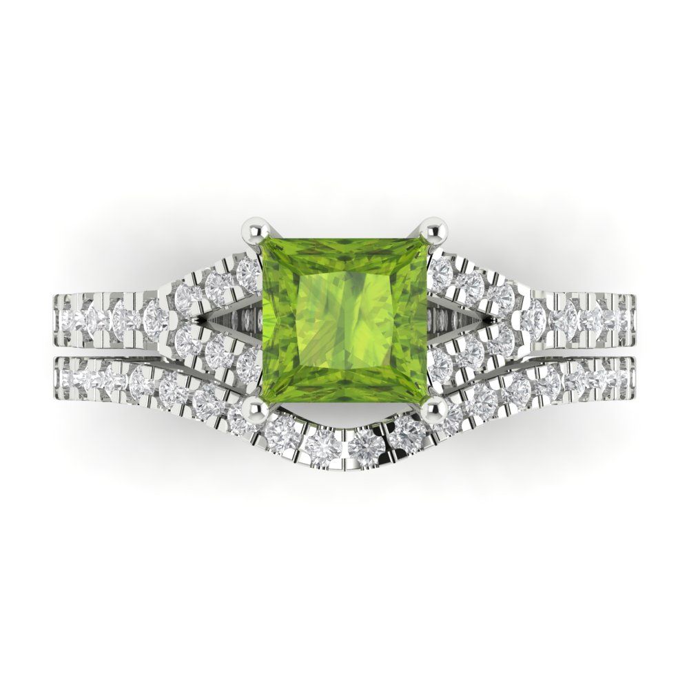 3.4 cttw Princess Cut Natural Peridot Bridal Set - Solid White Gold Engagement Ring & Wedding Band