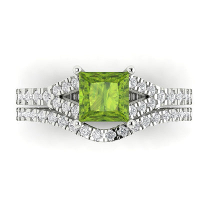 3.4 cttw Princess Cut Natural Peridot Bridal Set - Solid White Gold Engagement Ring & Wedding Band