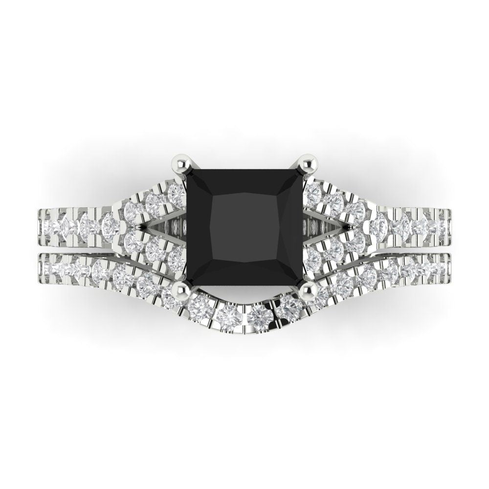 3.4 cttw Princess Cut Natural Onyx Bridal Set - Solid White Gold Engagement Ring & Wedding Band
