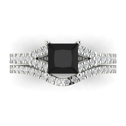 3.4 cttw Princess Cut Natural Onyx Bridal Set - Solid White Gold Engagement Ring & Wedding Band