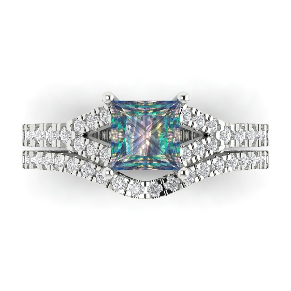 3.4 cttw Princess Cut Blue Moissanite Bridal Set - Solid White Gold Engagement Ring & Wedding Band