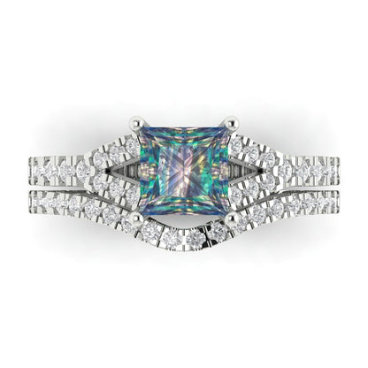 3.4 cttw Princess Cut Blue Moissanite Bridal Set - Solid White Gold Engagement Ring & Wedding Band