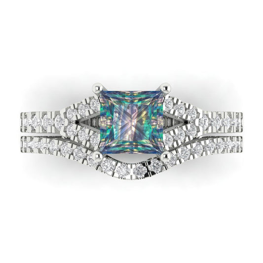 3.4 cttw Princess Cut Blue Moissanite Bridal Set - Solid White Gold Engagement Ring & Wedding Band