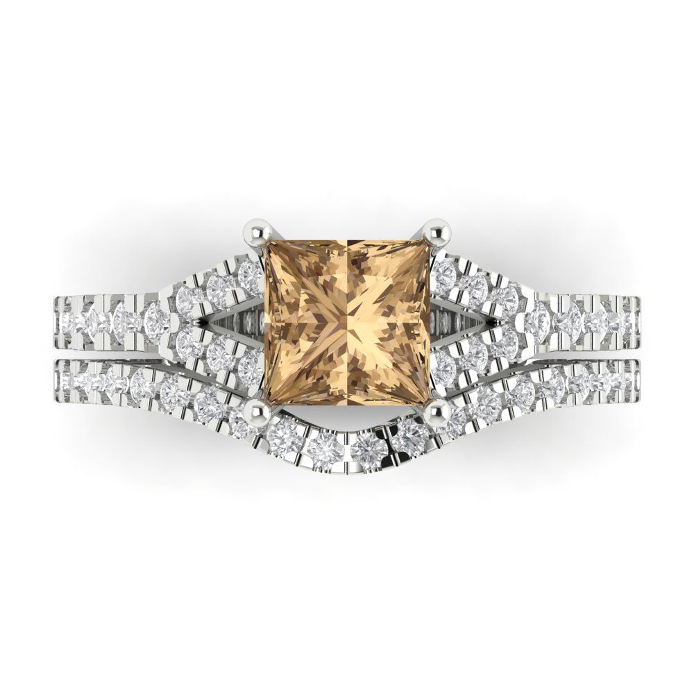 3.4 cttw Princess Cut Simulated Champagne Diamond Bridal Set - Solid White Gold Engagement Ring & Wedding Band