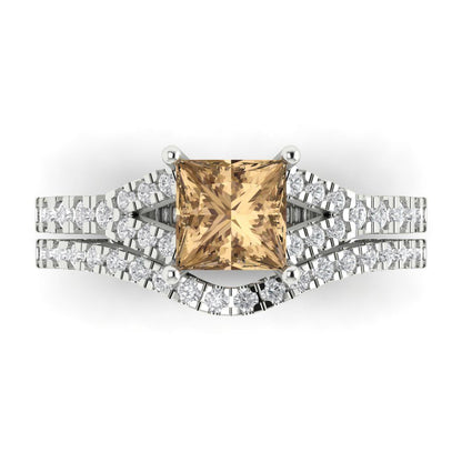 3.4 cttw Princess Cut Simulated Champagne Diamond Bridal Set - Solid White Gold Engagement Ring & Wedding Band