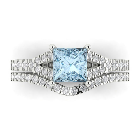 3.4 cttw Princess Cut Simulated Blue Diamond Bridal Set - Solid White Gold Engagement Ring & Wedding Band