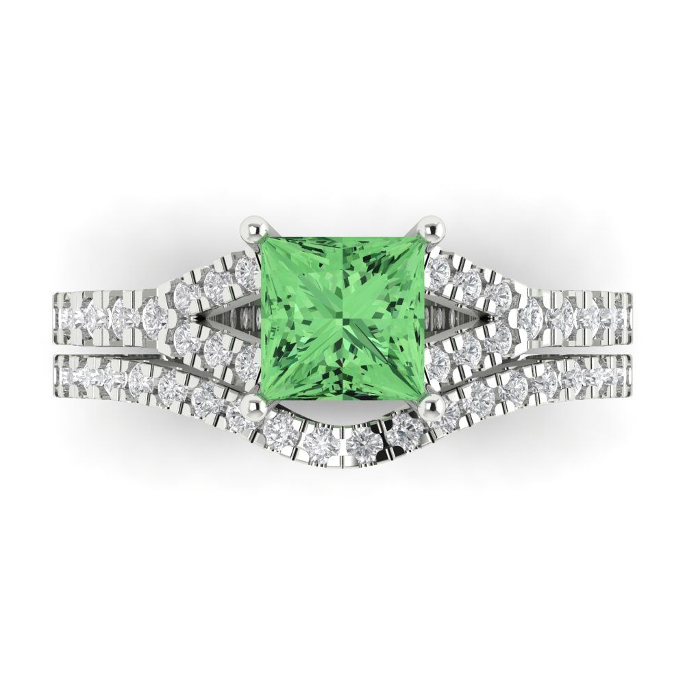 3.4 cttw Princess Cut Simulated Green Diamond Bridal Set - Solid White Gold Engagement Ring & Wedding Band
