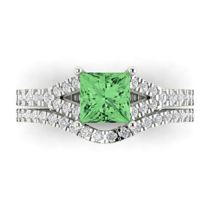 3.4 cttw Princess Cut Simulated Green Diamond Bridal Set - Solid White Gold Engagement Ring & Wedding Band