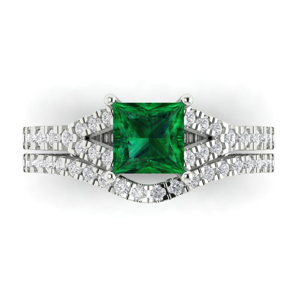 3.4 cttw Princess Cut Simulated Emerald Bridal Set - Solid White Gold Engagement Ring & Wedding Band