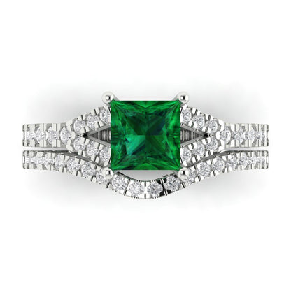 3.4 cttw Princess Cut Simulated Emerald Bridal Set - Solid White Gold Engagement Ring & Wedding Band
