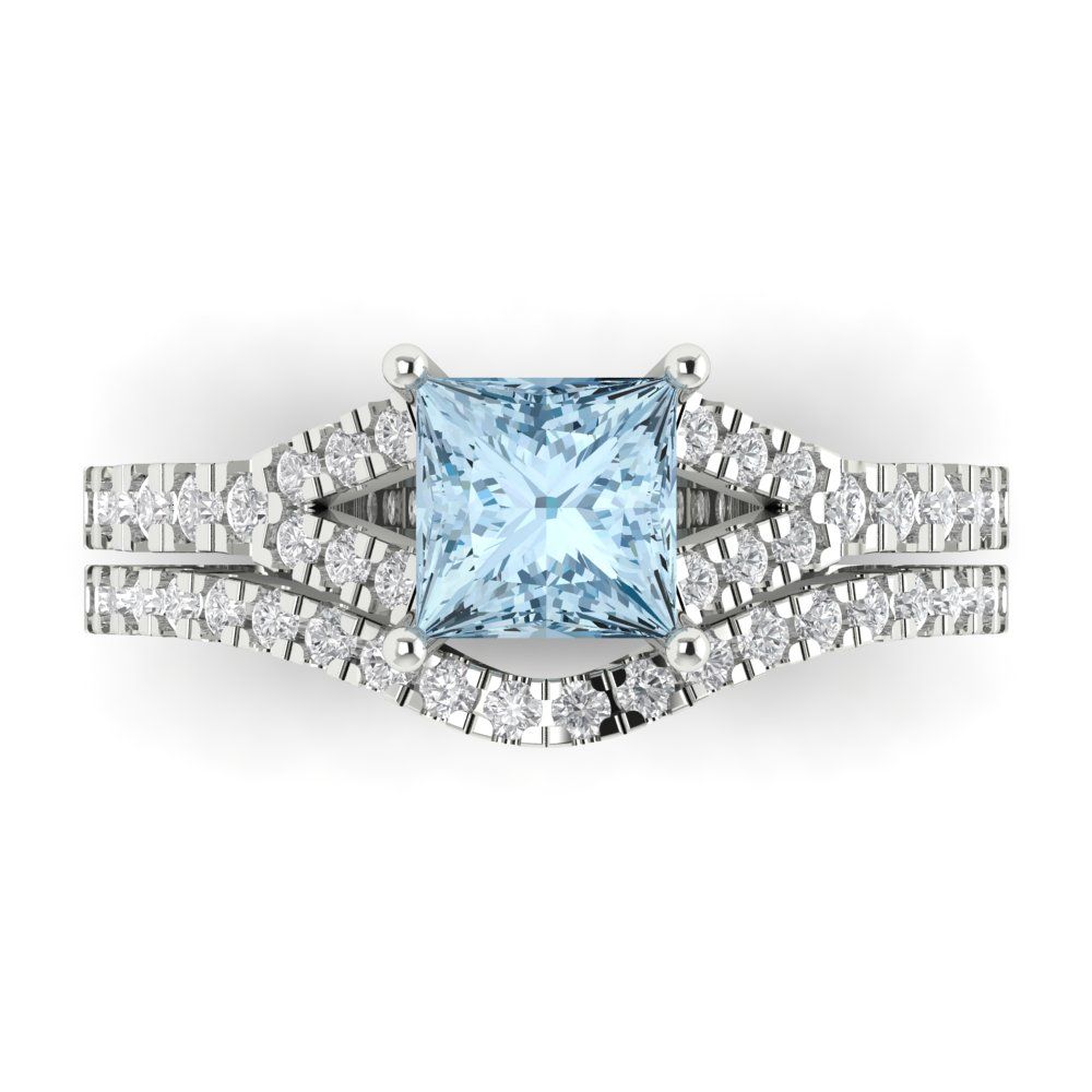 3.4 cttw Princess Cut Natural Swiss Blue Topaz Bridal Set - Solid White Gold Engagement Ring & Wedding Band