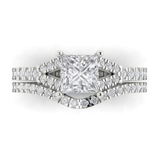 3.4 cttw Princess Cut Zirconia Simulated Diamond Bridal Set - Solid White Gold Engagement Ring & Wedding Band