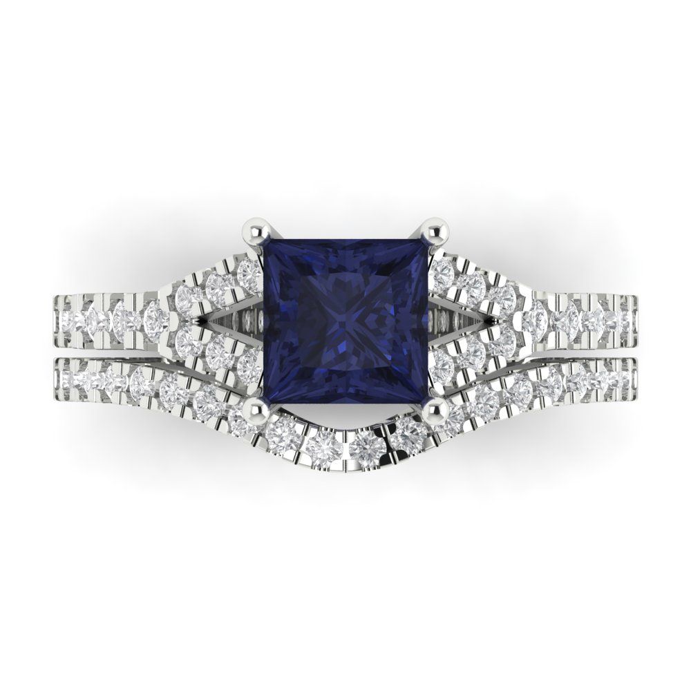 3.4 cttw Princess Cut Simulated Blue Sapphire Bridal Set - Solid White Gold Engagement Ring & Wedding Band