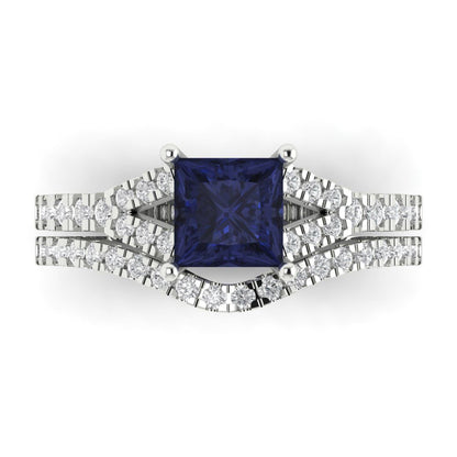 3.4 cttw Princess Cut Simulated Blue Sapphire Bridal Set - Solid White Gold Engagement Ring & Wedding Band