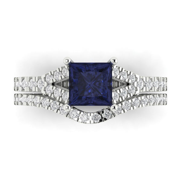 3.4 cttw Princess Cut Simulated Blue Sapphire Bridal Set - Solid White Gold Engagement Ring & Wedding Band
