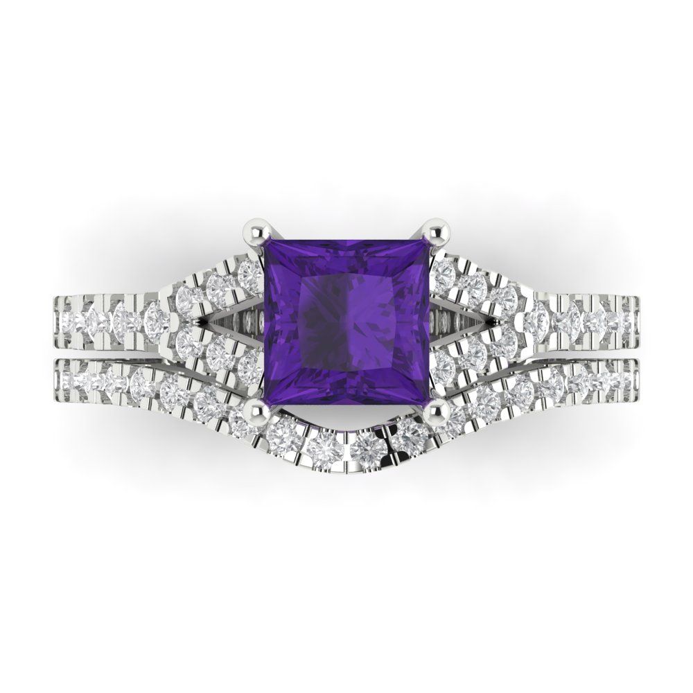 3.4 cttw Princess Cut Natural Amethyst Bridal Set - Solid White Gold Engagement Ring & Wedding Band