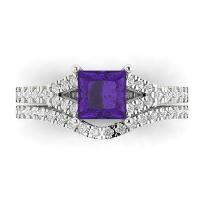 3.4 cttw Princess Cut Natural Amethyst Bridal Set - Solid White Gold Engagement Ring & Wedding Band