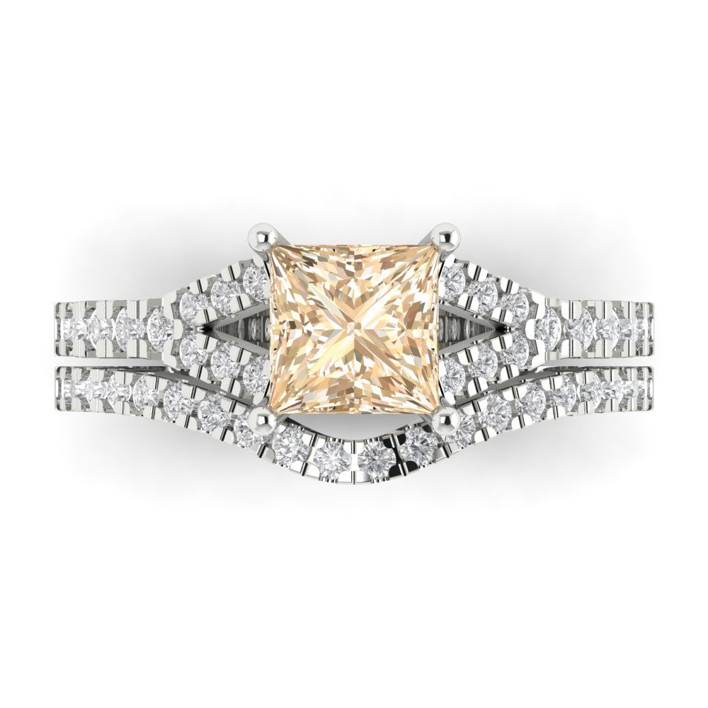3.4 cttw Princess Cut Natural Morganite Bridal Set - Solid White Gold Engagement Ring & Wedding Band