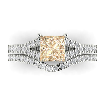 3.4 cttw Princess Cut Natural Morganite Bridal Set - Solid White Gold Engagement Ring & Wedding Band