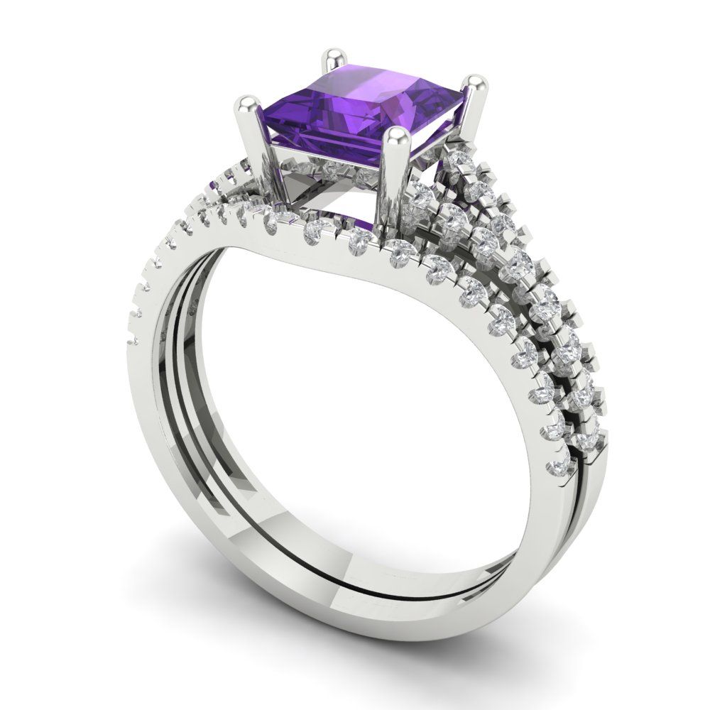 3.4 cttw Princess Cut Natural Amethyst Bridal Set - Solid White Gold Engagement Ring & Wedding Band