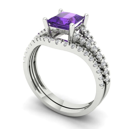 3.4 cttw Princess Cut Natural Amethyst Bridal Set - Solid White Gold Engagement Ring & Wedding Band