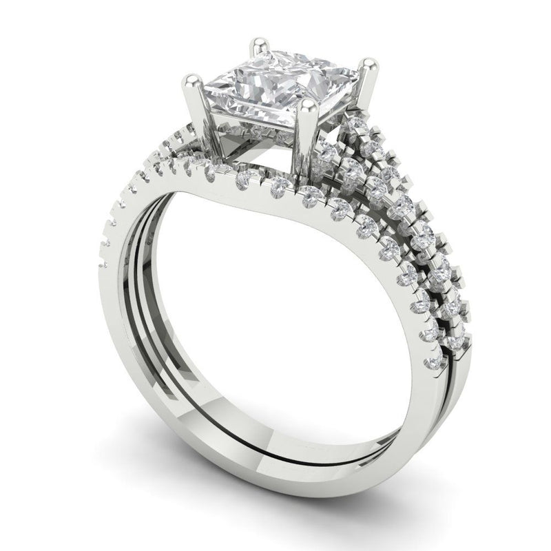 3.36 ct Brilliant Princess Cut Natural Diamond Stone Clarity SI1-2 Color G-H White Gold Solitaire with Accents Bridal Set