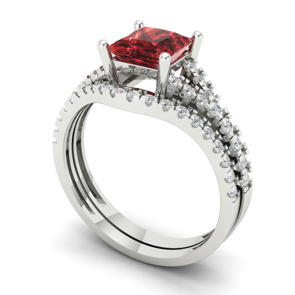 3.4 cttw Princess Cut Natural Garnet Bridal Set - Solid White Gold Engagement Ring & Wedding Band