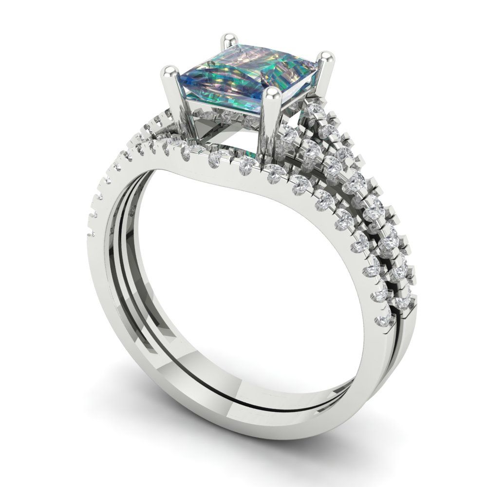 3.4 cttw Princess Cut Blue Moissanite Bridal Set - Solid White Gold Engagement Ring & Wedding Band