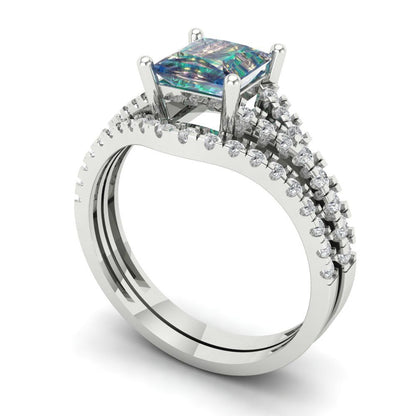 3.4 cttw Princess Cut Blue Moissanite Bridal Set - Solid White Gold Engagement Ring & Wedding Band