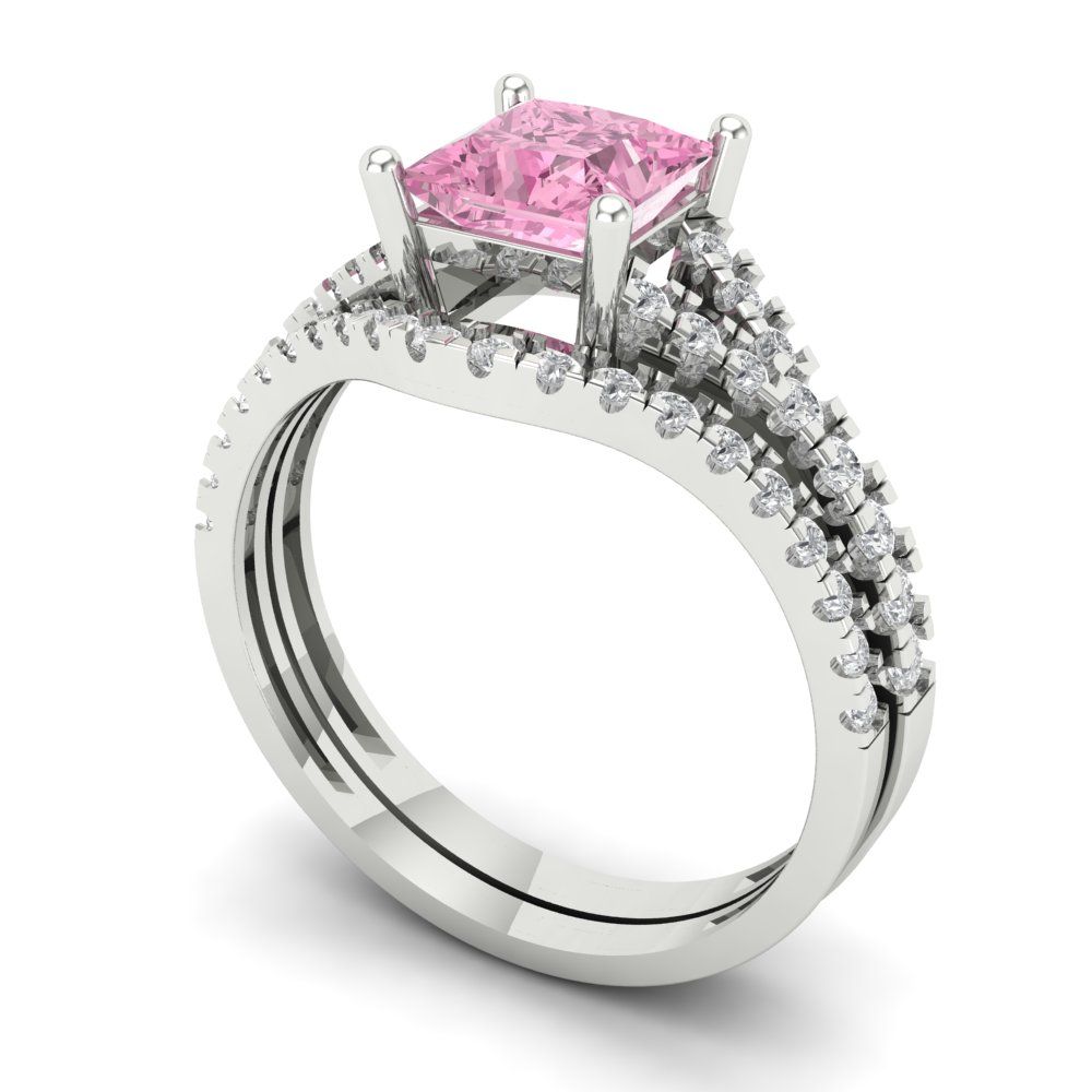 3.4 cttw Princess Cut Simulated Pink Diamond Bridal Set - Solid White Gold Engagement Ring & Wedding Band