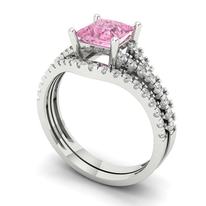3.4 cttw Princess Cut Simulated Pink Diamond Bridal Set - Solid White Gold Engagement Ring & Wedding Band