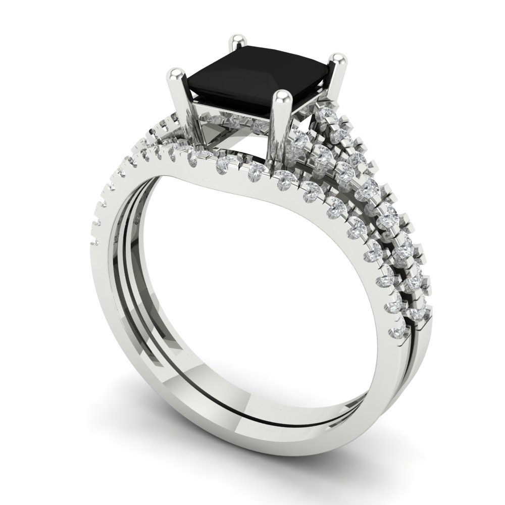 3.4 cttw Princess Cut Natural Onyx Bridal Set - Solid White Gold Engagement Ring & Wedding Band