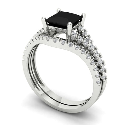 3.4 cttw Princess Cut Natural Onyx Bridal Set - Solid White Gold Engagement Ring & Wedding Band