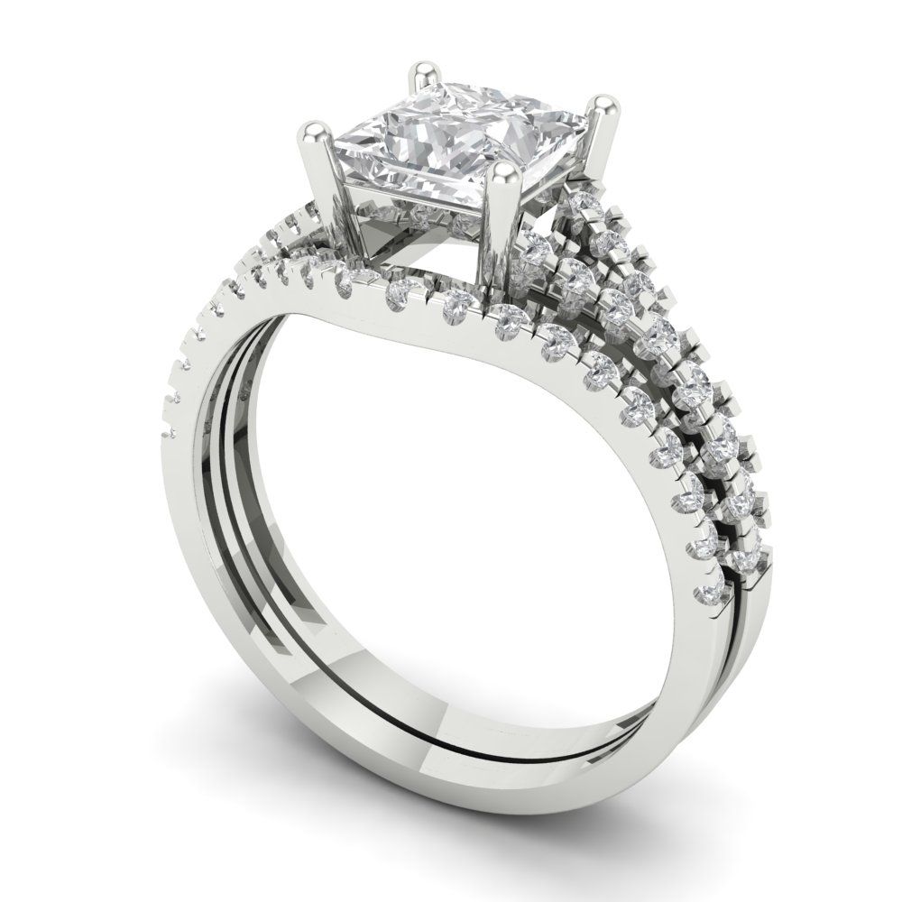 3.4 cttw Princess Cut Moissanite Bridal Set - Solid White Gold Engagement Ring & Wedding Band