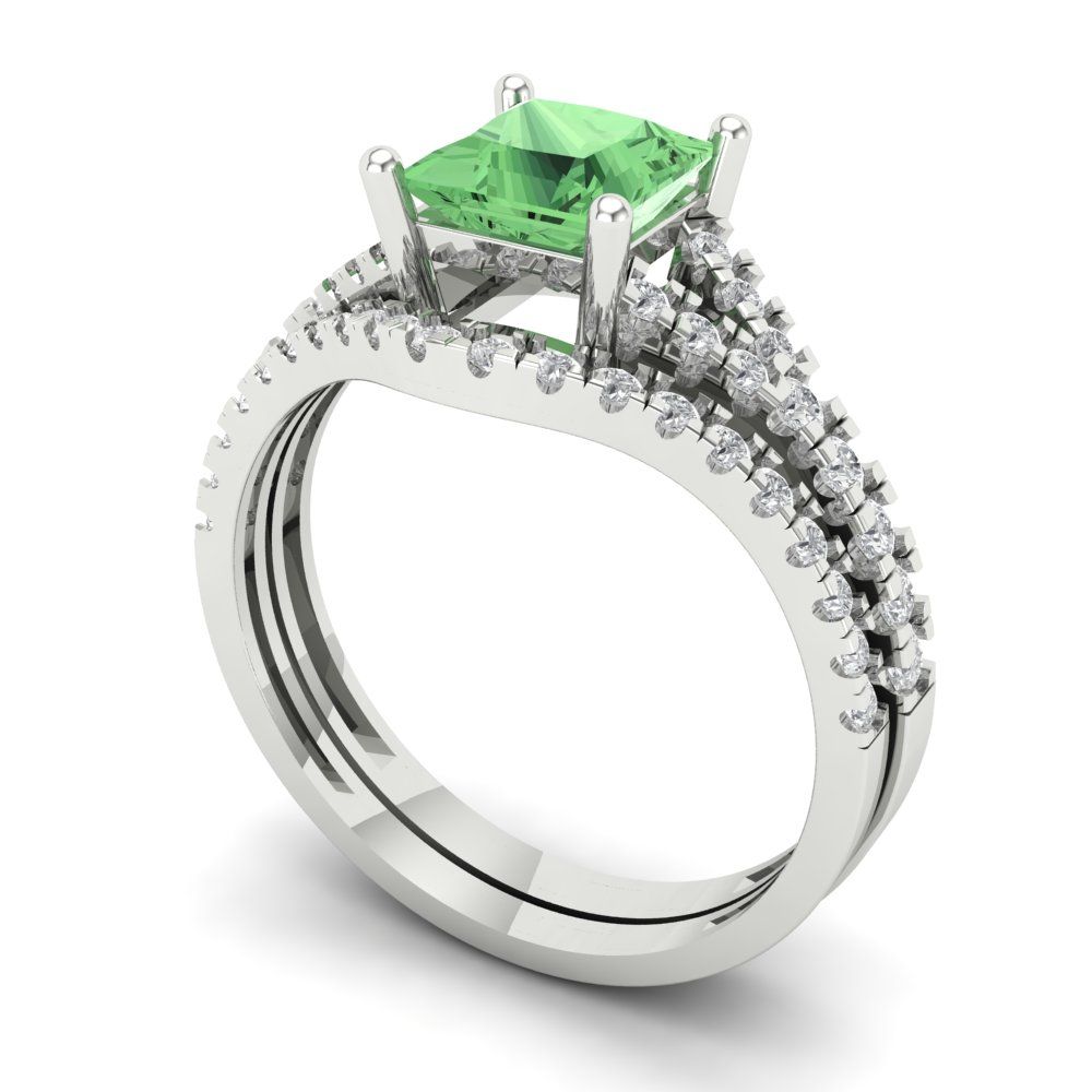 3.4 cttw Princess Cut Simulated Green Diamond Bridal Set - Solid White Gold Engagement Ring & Wedding Band