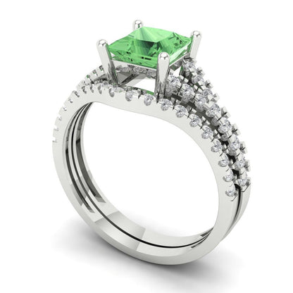3.4 cttw Princess Cut Simulated Green Diamond Bridal Set - Solid White Gold Engagement Ring & Wedding Band