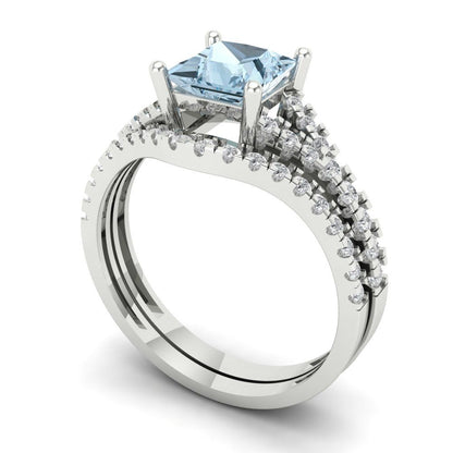 3.4 cttw Princess Cut Natural Aquamarine Bridal Set - Solid White Gold Engagement Ring & Wedding Band