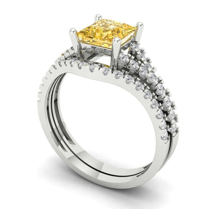 3.4 cttw Princess Cut Simulated Yellow Diamond Bridal Set - Solid White Gold Engagement Ring & Wedding Band