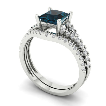 3.4 cttw Princess Cut Natural London Blue Topaz Bridal Set - Solid White Gold Engagement Ring & Wedding Band