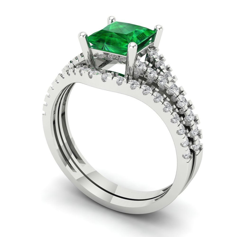 3.4 cttw Princess Cut Simulated Emerald Bridal Set - Solid White Gold Engagement Ring & Wedding Band