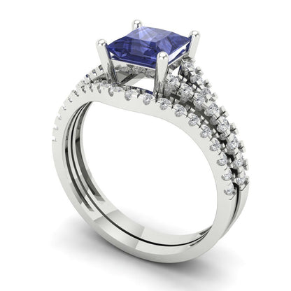 3.4 cttw Princess Cut Simulated Tanzanite Bridal Set - Solid White Gold Engagement Ring & Wedding Band