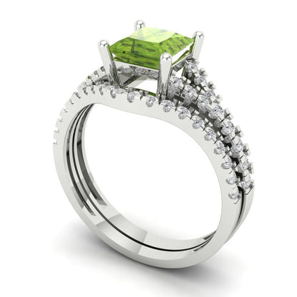 3.4 cttw Princess Cut Natural Peridot Bridal Set - Solid White Gold Engagement Ring & Wedding Band