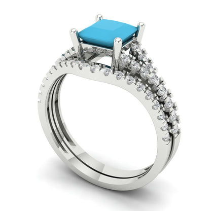 3.4 cttw Princess Cut Simulated Turquoise Bridal Set - Solid White Gold Engagement Ring & Wedding Band