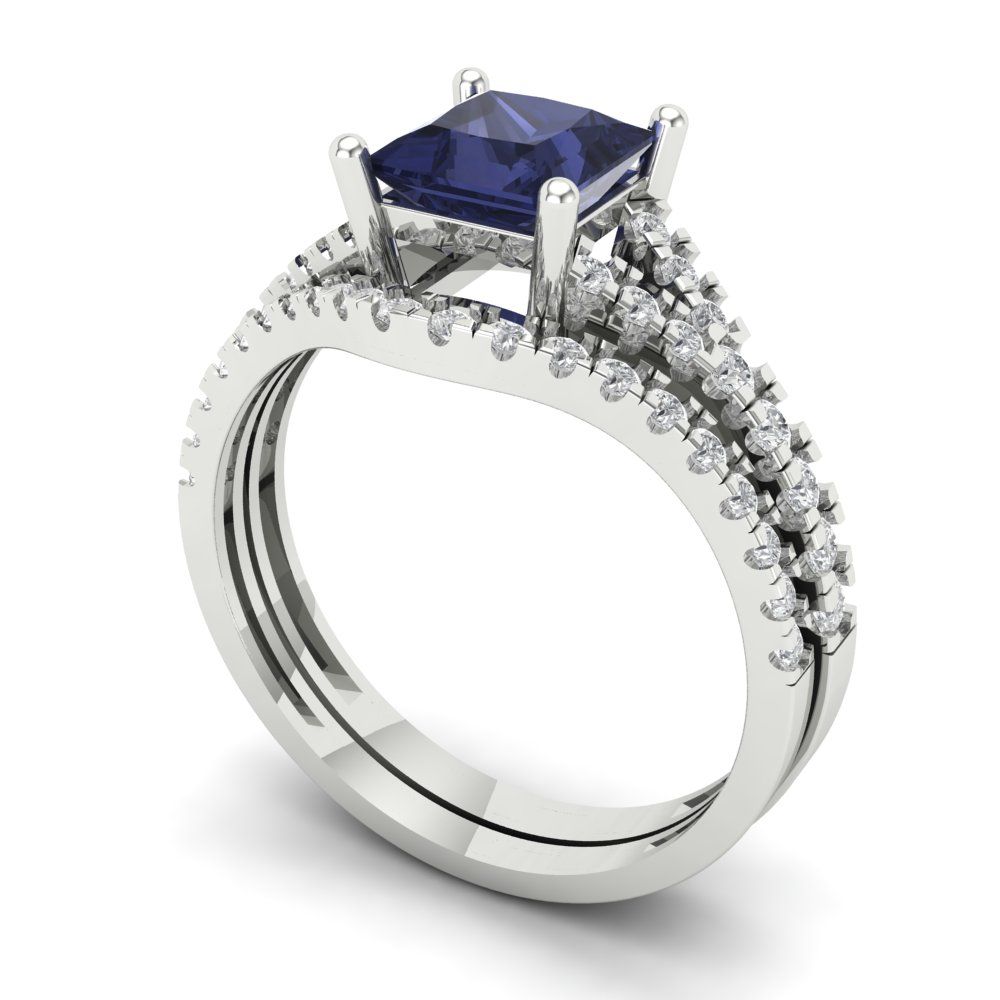 3.4 cttw Princess Cut Simulated Blue Sapphire Bridal Set - Solid White Gold Engagement Ring & Wedding Band