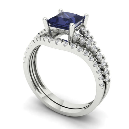 3.4 cttw Princess Cut Simulated Blue Sapphire Bridal Set - Solid White Gold Engagement Ring & Wedding Band