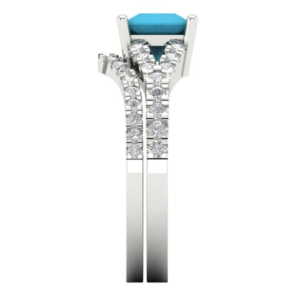 3.4 cttw Princess Cut Simulated Turquoise Bridal Set - Solid White Gold Engagement Ring & Wedding Band