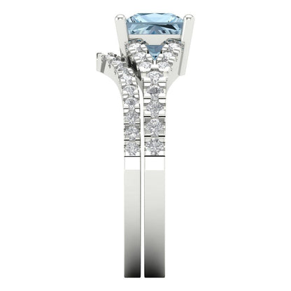 3.4 cttw Princess Cut Natural Swiss Blue Topaz Bridal Set - Solid White Gold Engagement Ring & Wedding Band