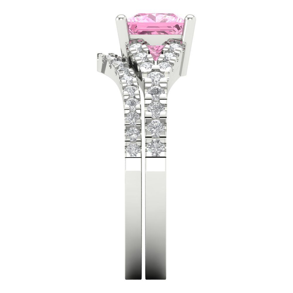 3.4 cttw Princess Cut Simulated Pink Diamond Bridal Set - Solid White Gold Engagement Ring & Wedding Band